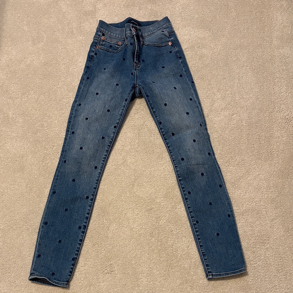 J. Crew Women's Skinny Jeans in Dark Blue with Navy Polka Dots